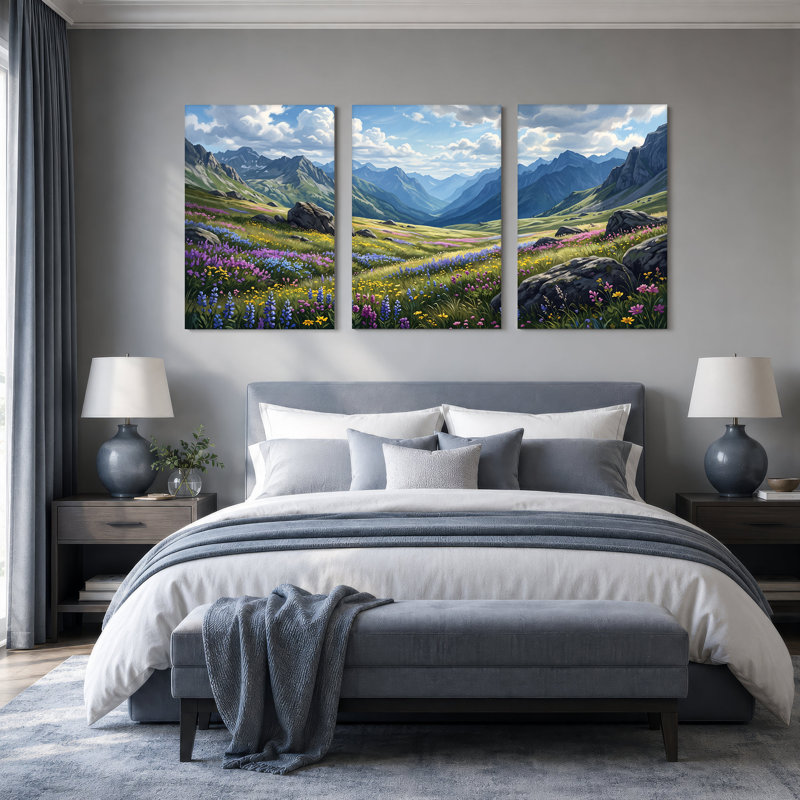 Paysage de montagne avec fleurs sauvages colorées, ensemble de 3 toiles, 36"H x 24"W x 3pcs