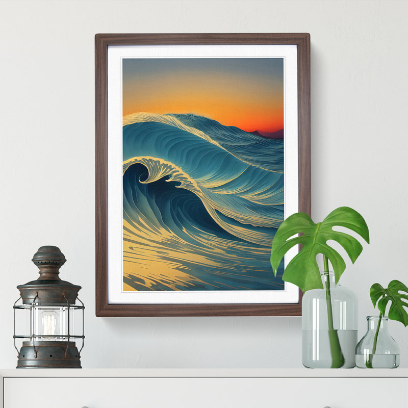 XV1022-3049X Ocean Wave At Sunset No.1 - Single Picture Frame Print, 64cm H x 46cm W, Walnut