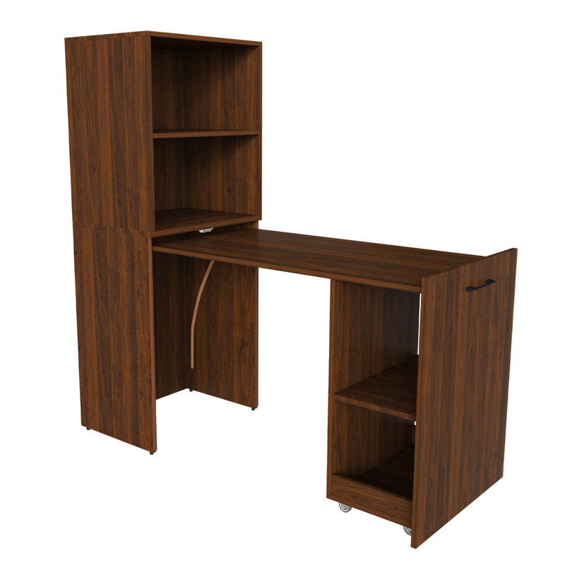 Bureau extensible pliable en noyer avec tablettes de rangement et roulettes mobiles verrouillables, bureau d'ordinateur compact pour petits appartements