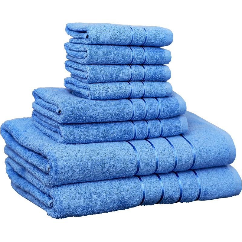 8-Piece 100% Cotton Bath Towel Set - with 4 Washcloths, 2 Hand Towels, and 2 Bath Towels for Home, Blue