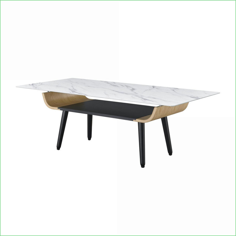 Table basse 47 po Landon en verre gris et marbre avec bois cintré, plateau facile à nettoyer et pieds réglables