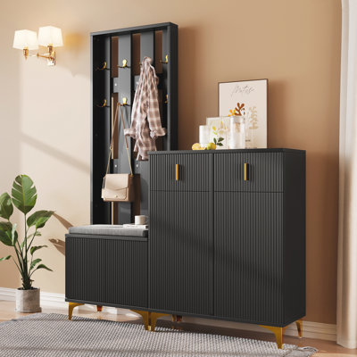Wardrobe Set With Shoe Bench And Cushion, Hallway Panel With Hooks, Shoe Cabinet With Drawers And Doors