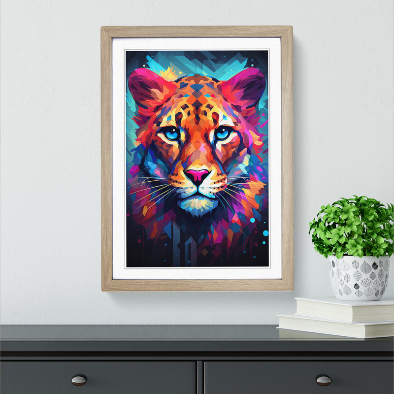 Cheetah Geometric No.3 - Single Picture Frame Print on Wood, Oak Framed, 34cm H x 25cm W x 2cm D