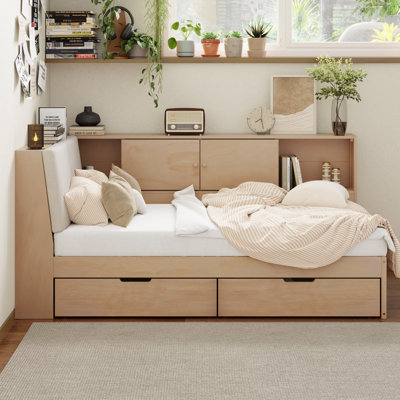 Storage Corner Daybed With Outlets And Upholstered Headboard
