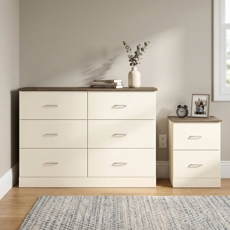 Ensemble de commode et table de chevet 2 pièces Allyannah, Ivoire / chêne noueux