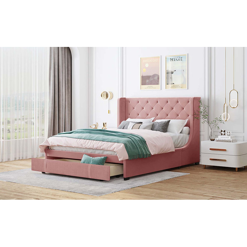 Queen Size Velvet Upholstered Storage Bed with Wingback Headboard and Large Drawer, Combining Style and Functionality for Modern Bedrooms.