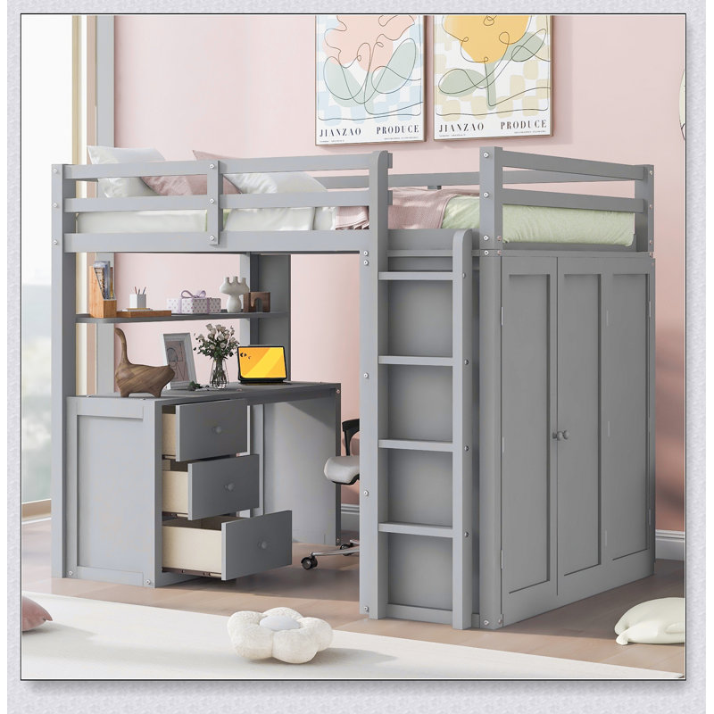 Lit mezzanine avec tiroirs, bureau et garde-robe, Gris