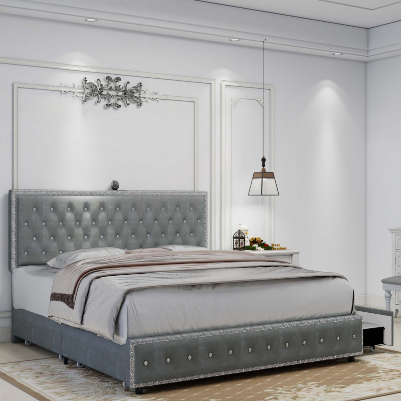 Upholstered Platform Storage Bed Frame With Galaxy Projector, 4 Dustproof Storage Drawers, Adjustable Vintage Nailhead Trim Headboard