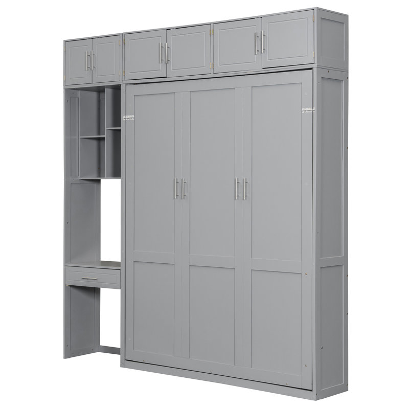 Grand lit mural gris, avec tablette supérieure, tablettes latérales intégrées et bureau, armoire de rangement intelligente, couleur grise, solution confortable
