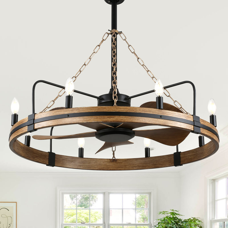 36" Rustic Wood Ceiling Fan with Light and Remote Wheel Ceiling Fan 6-speed Reversible DC Motor