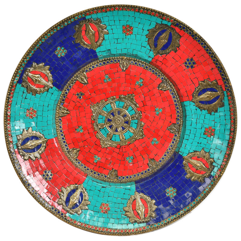 Handcrafted 18" Brass Dharmachakra Wall Art Panel with Inlay Work - Traditional Tibetan Buddhist Wheel of Dharma Metal Sculpture 2"H x 18.5"W x 18.5"D