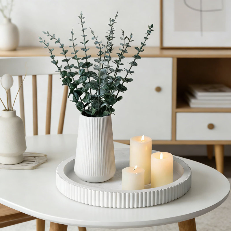 Decorative Tray For Coffee Table, 12 Inch Round Centerpiece Tray With Scalloped Edge For Home Decor, Modern Farmhouse Wood Tray For Living Room, Dining Table, And Kitchen Island