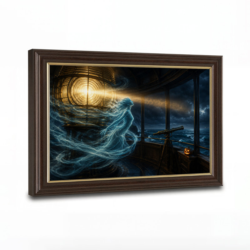 " Ghostly Blue Woman Inside Lighthouse Tower Over Halloween " Painting Print, H 12 po x l 18 po