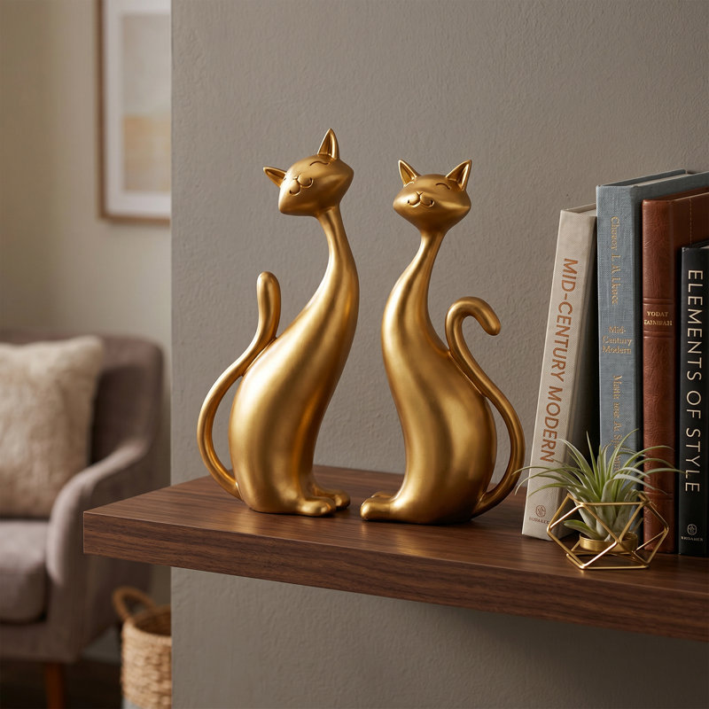 Gold Cat Figurine Set of 2, Modern Resin Cat Statues with Long Necks and Curled Tails 