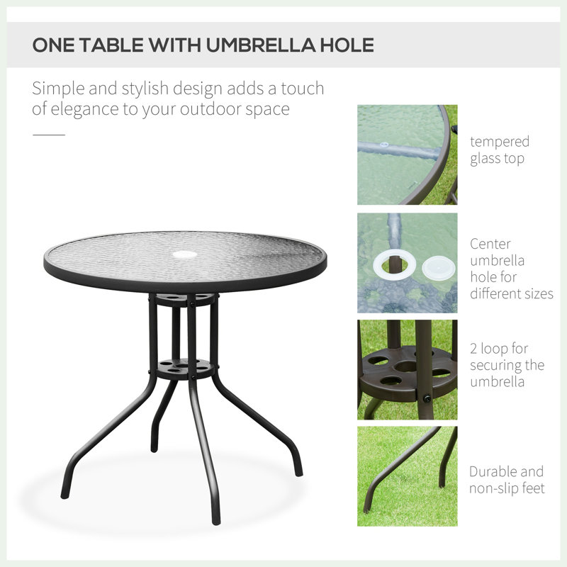 Ensemble de salle à manger d'extérieur 6 pièces pour 4 personnes avec parasol, table ronde en verre trempé de 80 cm et 4 chaises pliantes en maille, acier, noir et café