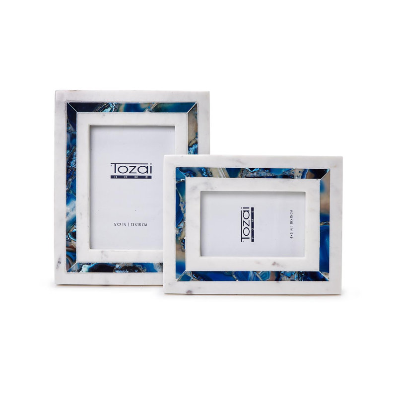 Amazonite Inlay Set Of 2 White Marble Photo Frame, Blue/White