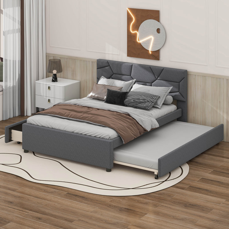 Grand lit avec lit gigogne et tiroirs, gris
