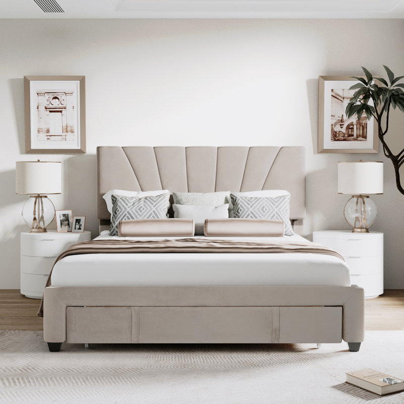 Lit plateforme tapissier avec rangement, Beige
