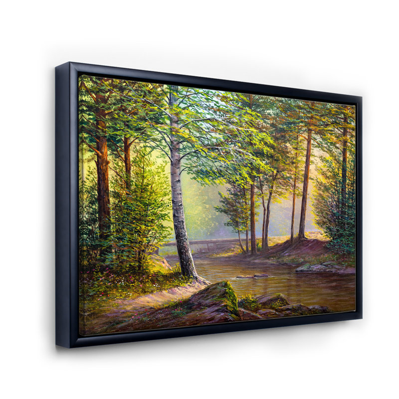 «Morning Sunlight Through The Awakening Fir Forest», peinture sur toile, H 12 po x l 20 po x p 1 po, Cadre flottant noir