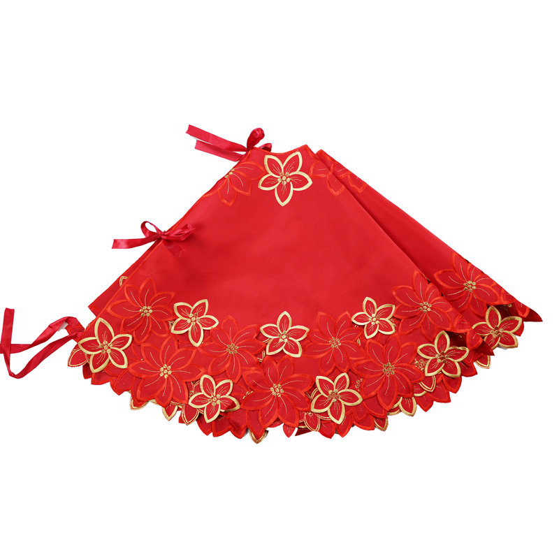Embroidered Red and Gold Poinsettia 68" Round Christmas Tree Skirt