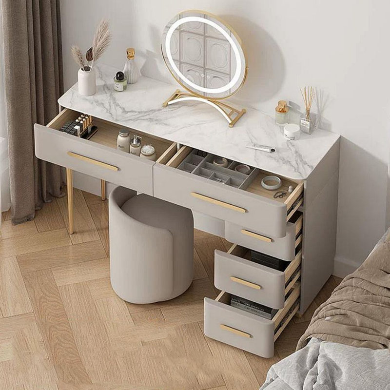 Coiffeuse de maquillage avec miroir lumineux, 5 tiroirs, prise de courant