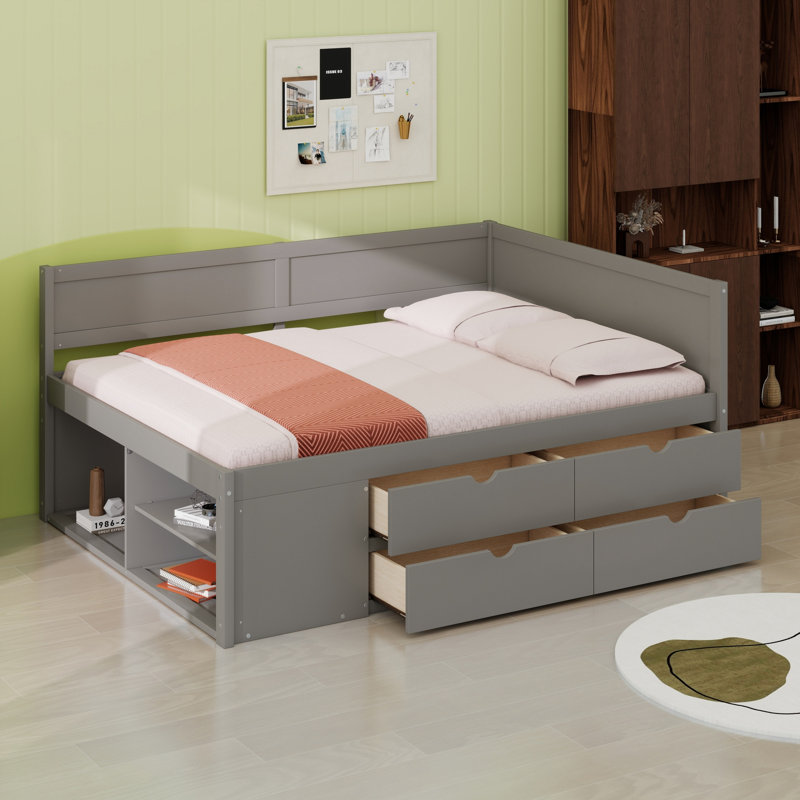 Space Saving Daybed Featuring Drawers and Shelves, Gray