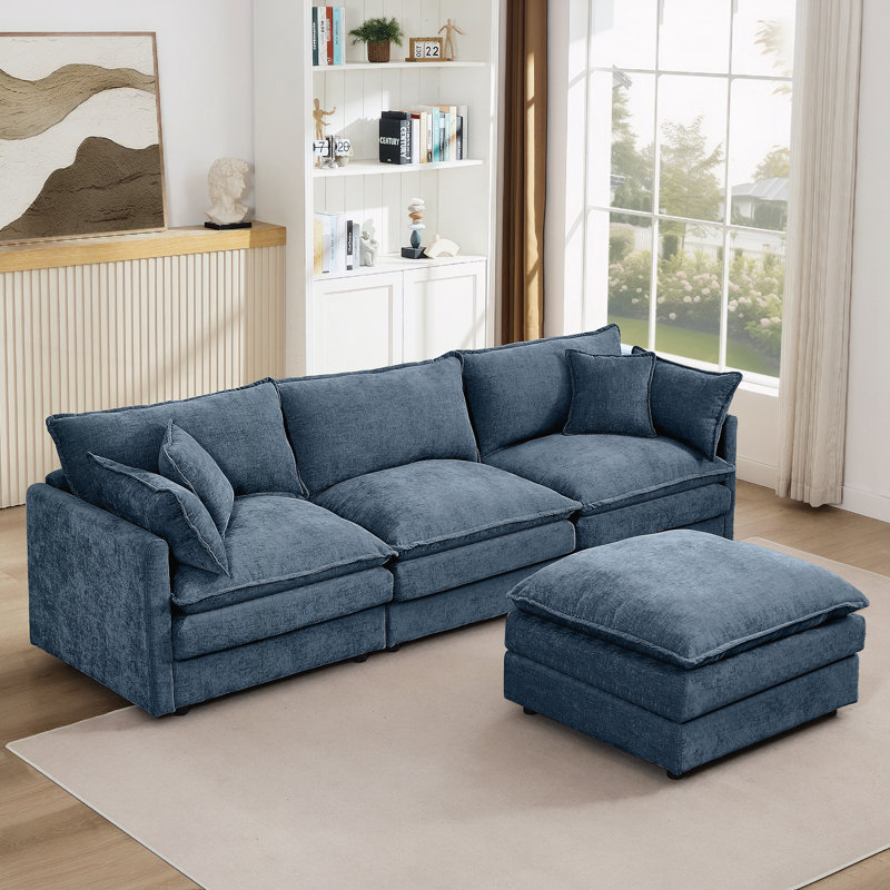 3-Seater Comfy Cloud Couches with Movable Ottoman, Blue