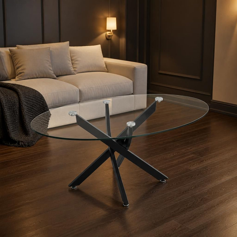Table basse ovale avec plateau en verre trempé Table à thé moderne avec pieds en métal robuste Meuble de salon polyvalent et peu encombrant Support plat stable et facile à nettoyer