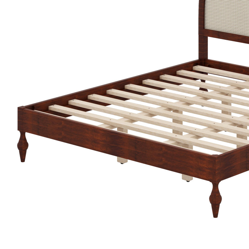 Base de lit plateforme Boho avec tête de lit en rotin Arc, Très grand lit, Noyer