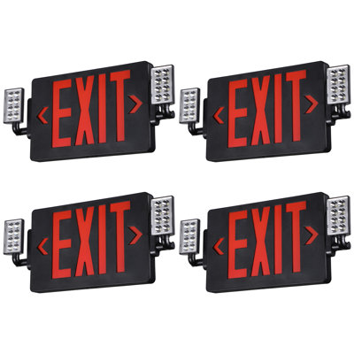 Porta LED Exit Sign with Emergency Lights and Battery Backup, Two Adjustable Heads, Red Letters, Black