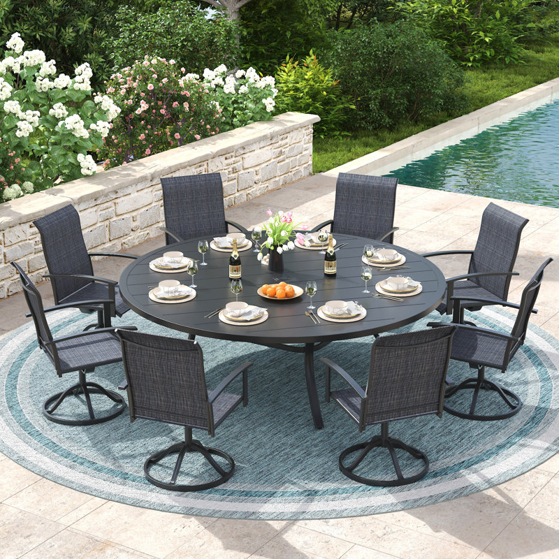 8-Person Round Patio Dining Set with 60" Round Dining Table and 8 Swivel PVC-coated polyester Chairs, Black/Dark Gray