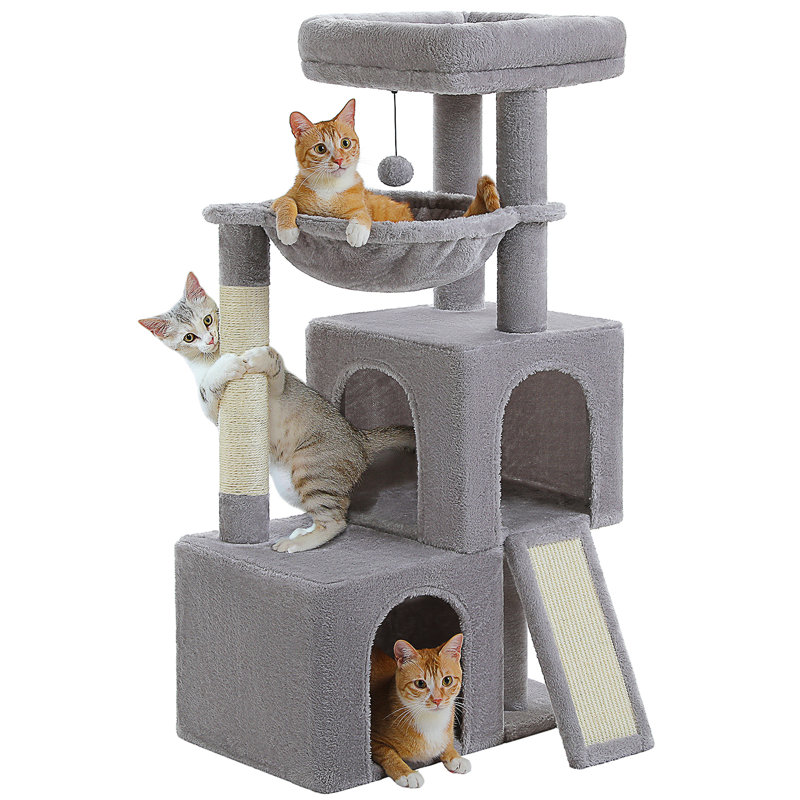 Grand arbre à chat, tour à chat à plusieurs niveaux de 41 pouces avec 2 condos spacieux pour chats d'intérieur, grande maison pour chat avec hamac confortable, perchoir rembourré, patin à griffes et boules remplaçables