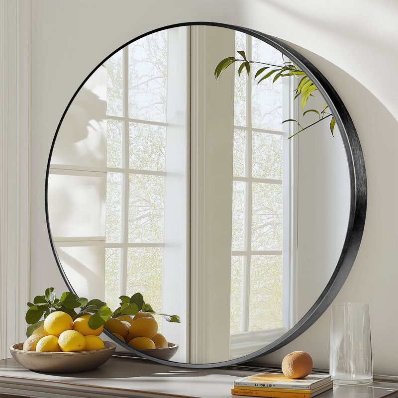 Miroir mural rond en métal, Noir, noir, noir, noir, 30 po x 30 po