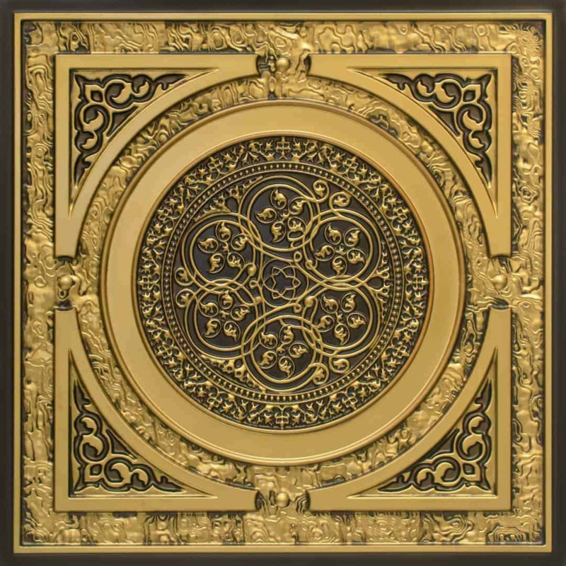 Steampunk Drop-In Or Glue-Up PVC Ceiling Tile, Antique Brass, 24" L x 24" W