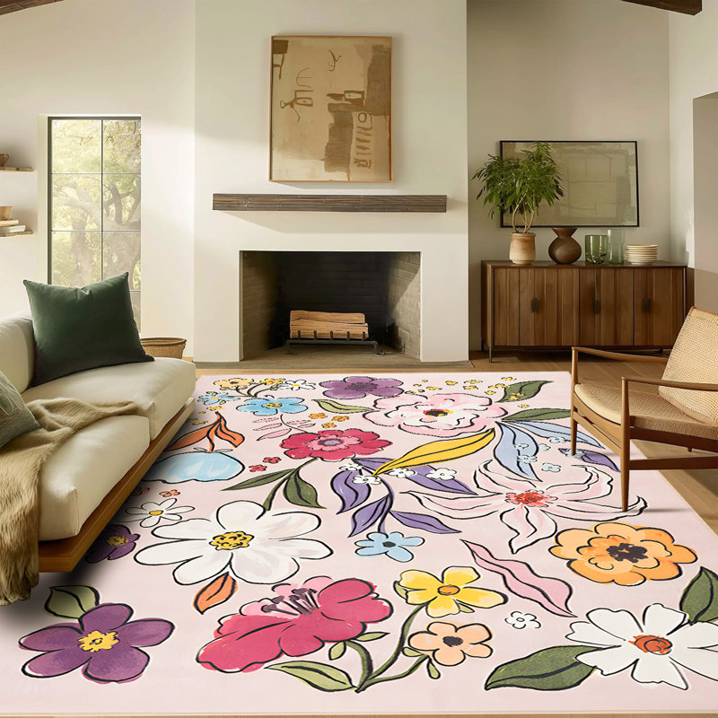 Large Oriental Floral Living Room Rug Washable Bedroom Rug Non-Slip Colorful Vintage Accent Floor Carpet For Home Decor