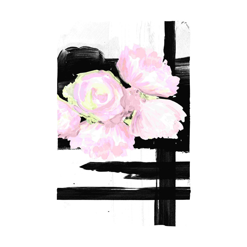 Noir blanc avec fleurs rosées - peinture sur toile tendue, H 30 po x l 20 po
