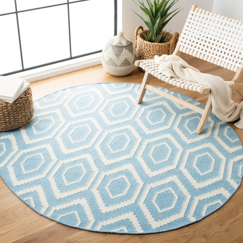 Dhurries Hand Woven Flat Weave Wool/Cotton Geometric Rug in Ivory/Blue, Round 6'