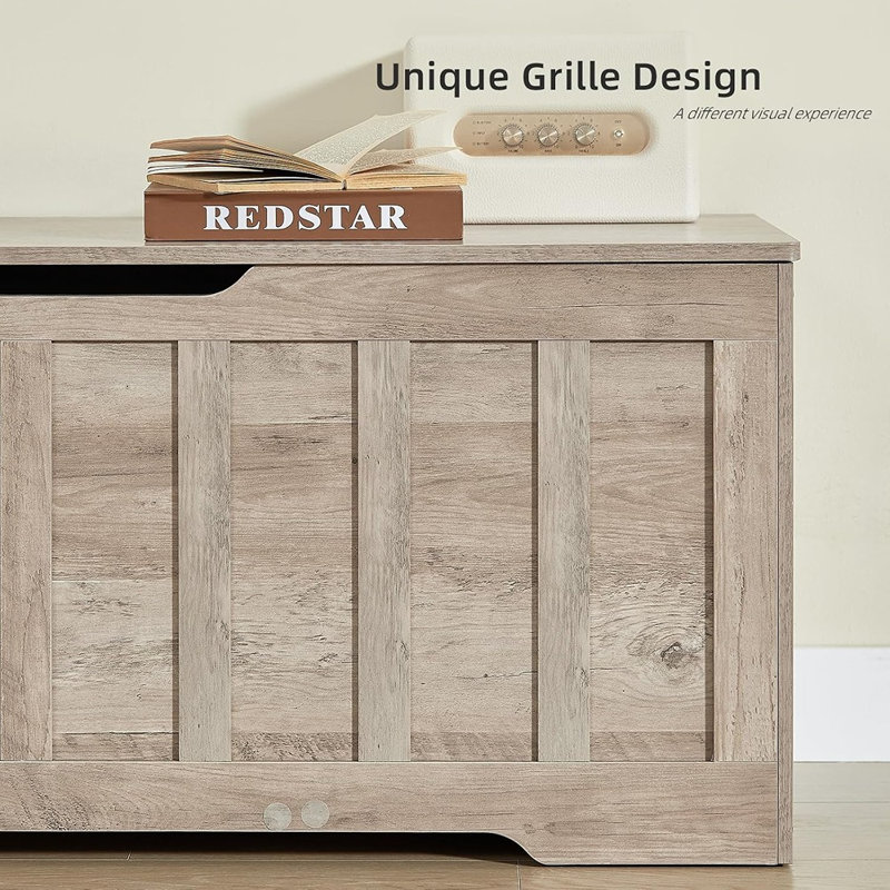 Coffre de rangement extra-large en bois avec banc et pouf de rangement spacieux, couleur grège.
