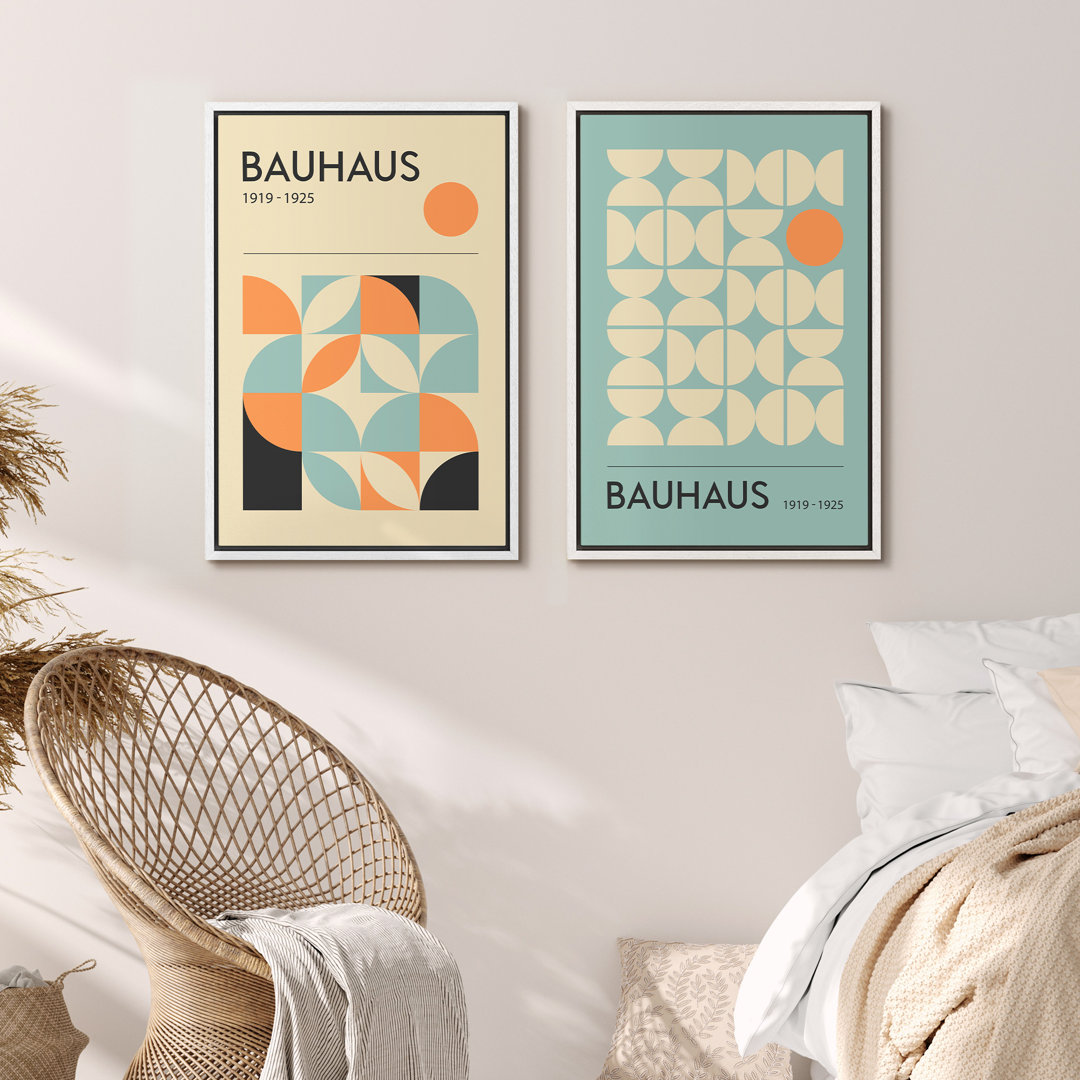 Classical Artwork Geometric Teal Abstract Mid-Century Modern Picture Framed Canvas 2 Pieces Print Wall Art IDEA4WALL Frame 