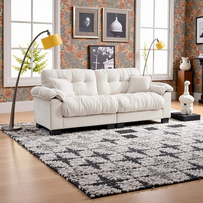 Canapé 3 places plissé avec revêtement en chenille, L 90,1 po x l 37 po x H 35,4 po, Beige
