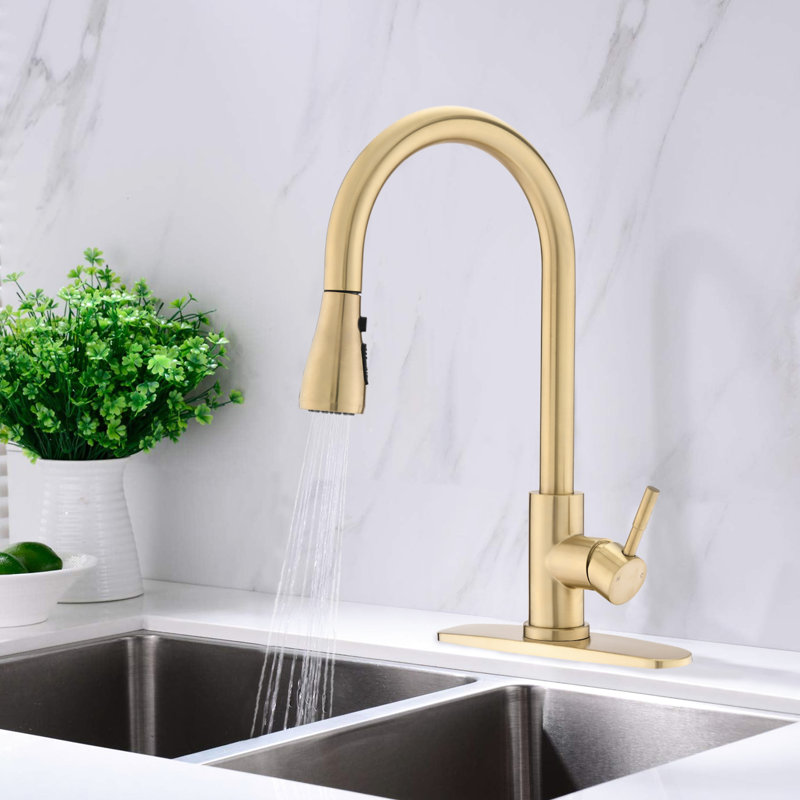 Brushed Gold Kitchen Faucet, Stainless Steel Construction, Rust , 1.8Gpm Flow Rate, 20'' Hose, Stylish Design Pull Down Steel, Finish, 8.66" Spout Reach, To Damage, Flow, Classic