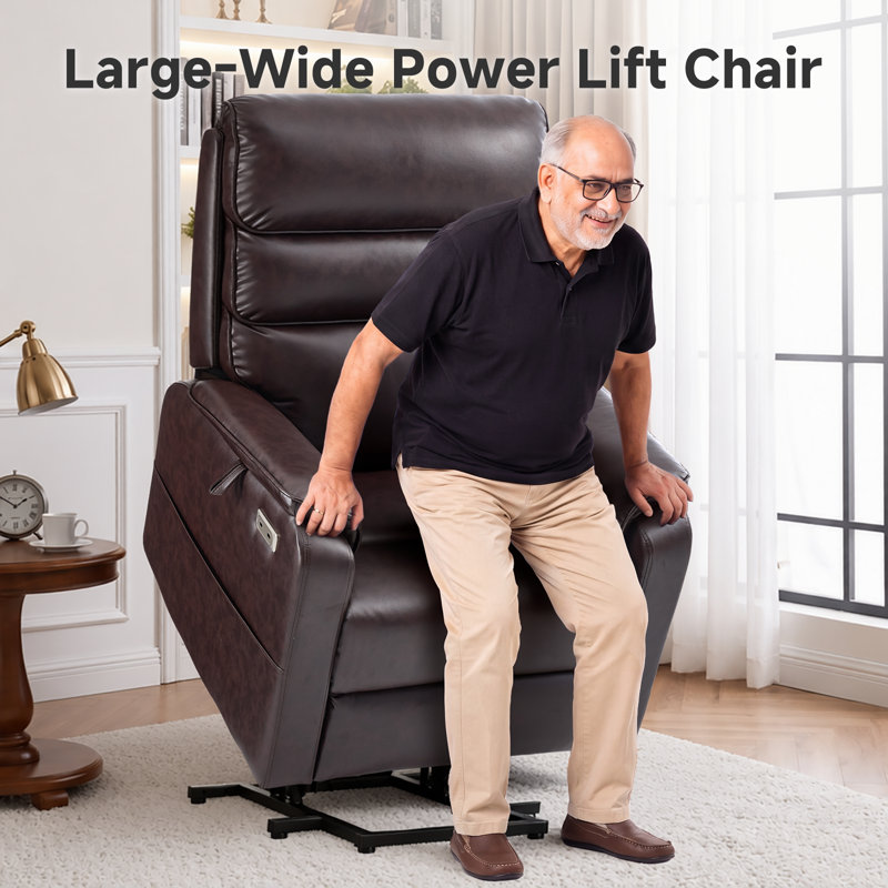 Dual Motor Lay Flat Power Lift Chair Recliner for Elderly with Massage and Heat, Electric Lift Recliner with Infinite Position, USB A&C (T6011 - Breathable Faux Leather, Brown)