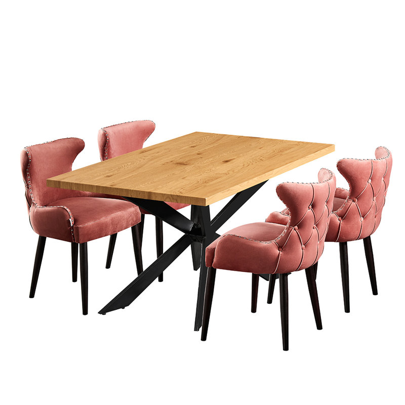 Ricky 4 Person Dining set - a Rectangular Wooden Dining Table with Metal Legs and a Set of 4 Quilted Velvet Dining Chairs for Dining Room - Modern Dining Table Set