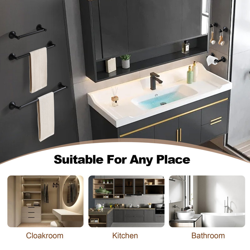 6 - Piece Bathroom Hardware Set, Matte Black, 3" H x 22" W x 3" D