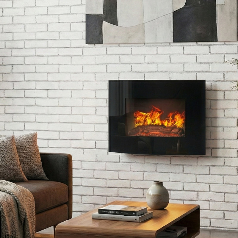 Ebern Designs 25.5-Inch Wall Mounted Electric Fireplace - Curved Glass Heater with Log Fuel Effect, Adjustable Flames, and Remote Control