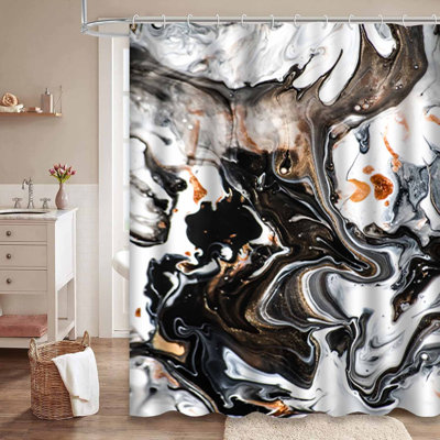 Abstract Modern Artwork Marble Gold Shower Curtain with 12 Hooks