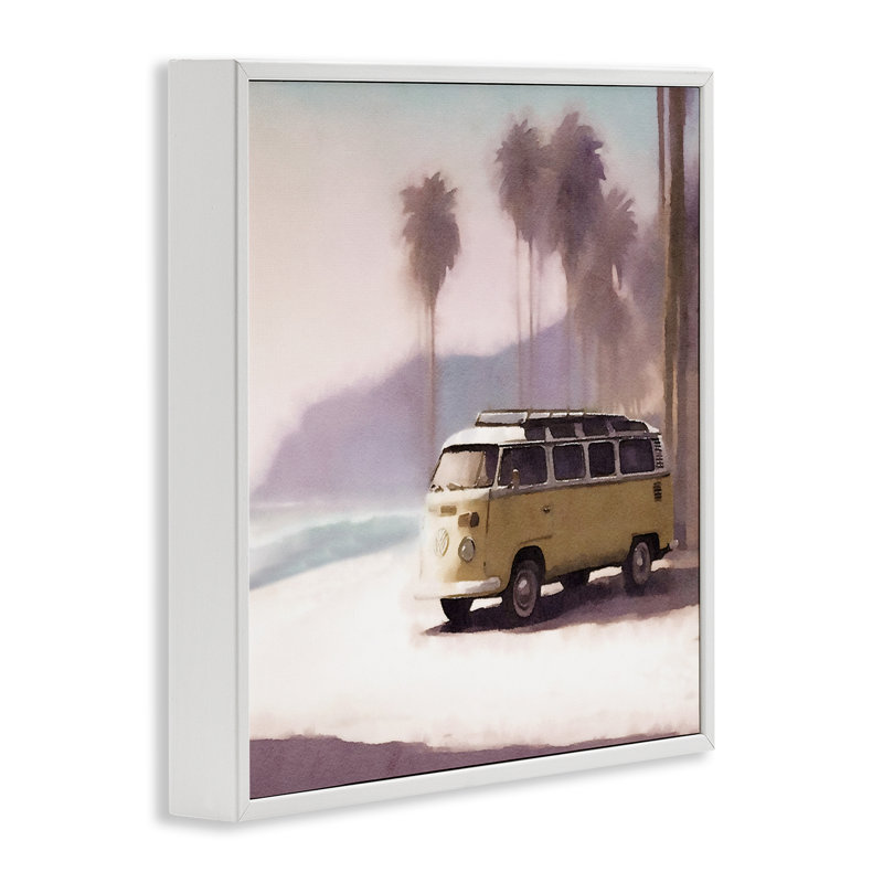 «Yellow Van on Beach», estampe numérique encadrée par Noah Bay, Estampe numérique encadrée blanc bord de mer