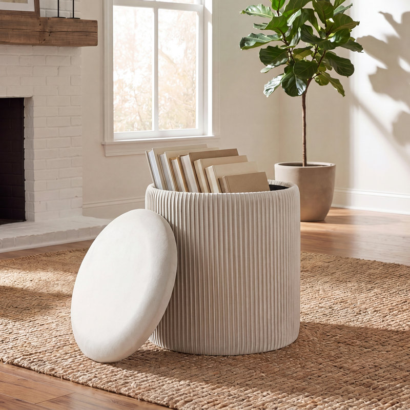 16.9 Inches Height Upholstered Round Storage Ottoman, Beige Corduroy