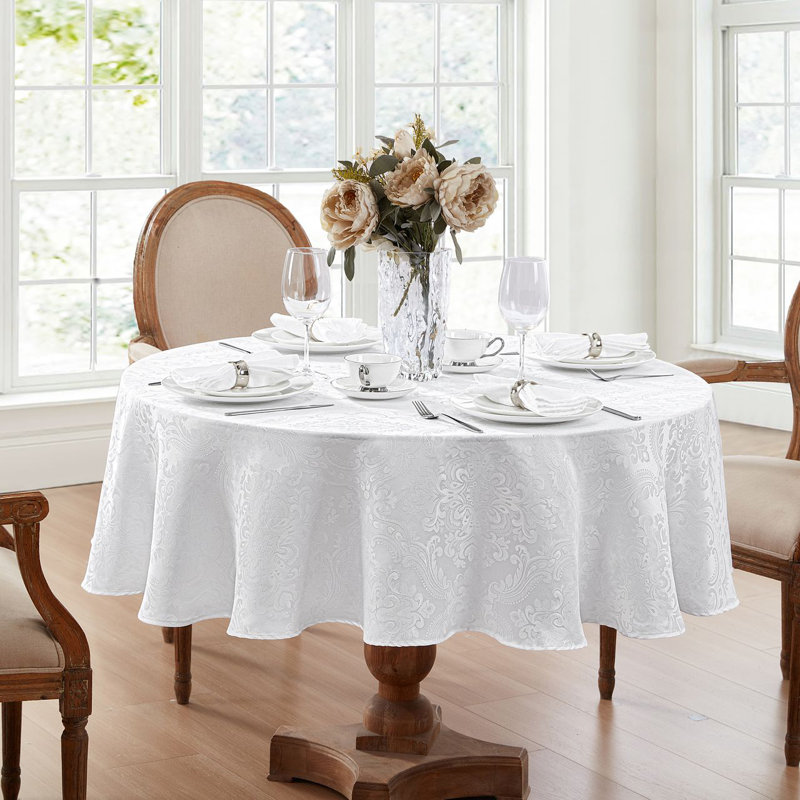 Corson Woven Damask Jacquard Polyester Tablecloth, White, 90" L x 90" W Round