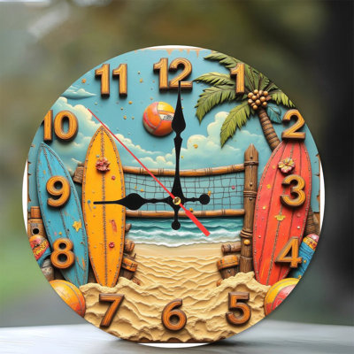 Beach Volleyball Surfboard Wall Clock